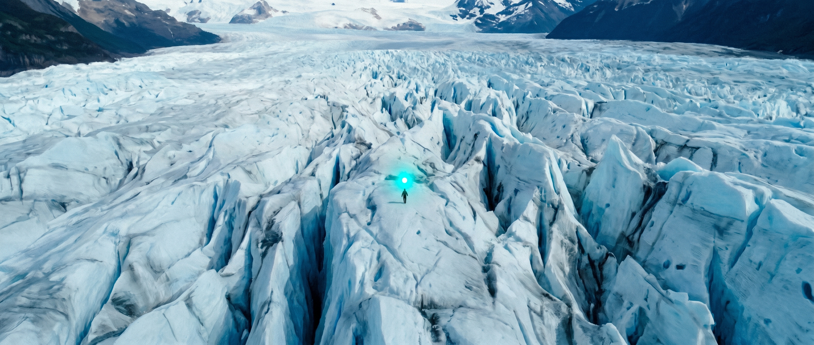 A lone figure crossing a vast glacier, marked by a single glowing GPS pin
