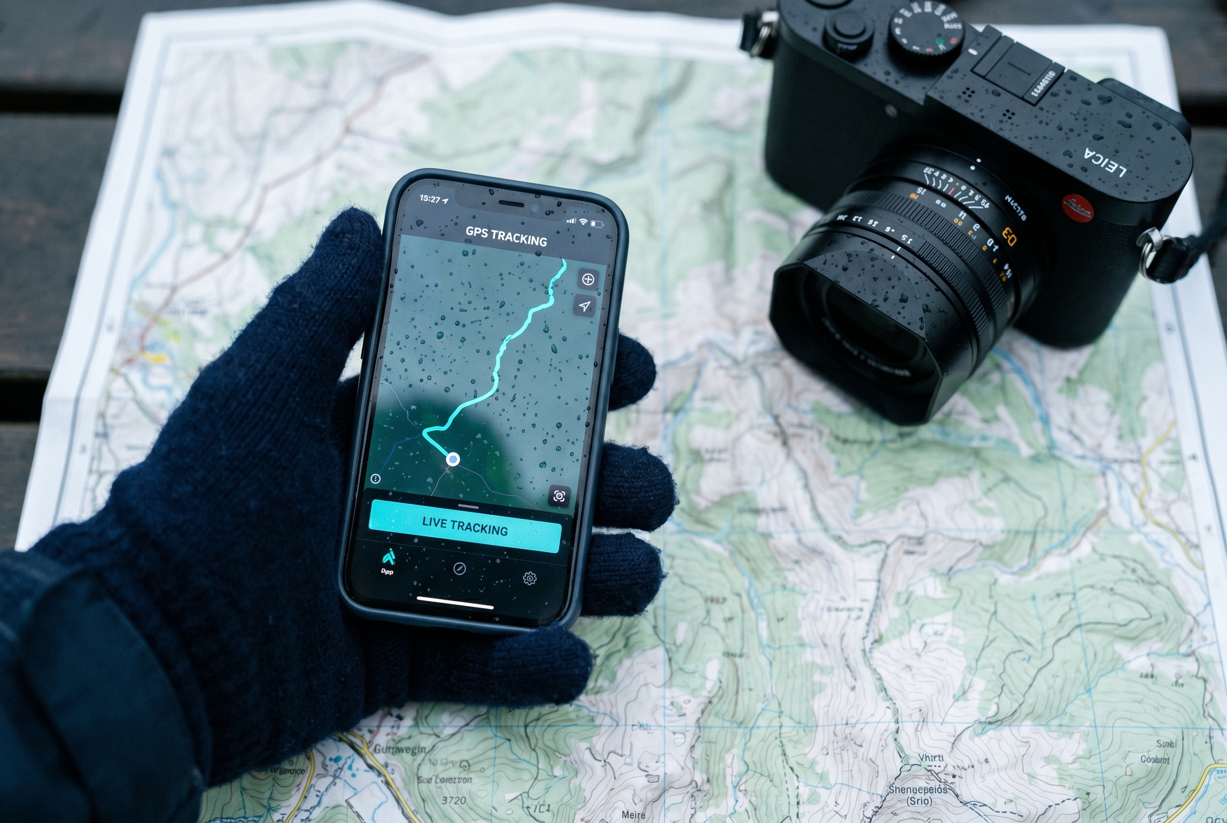 iPhone running LightGPX live-tracking on top of a paper map in the field