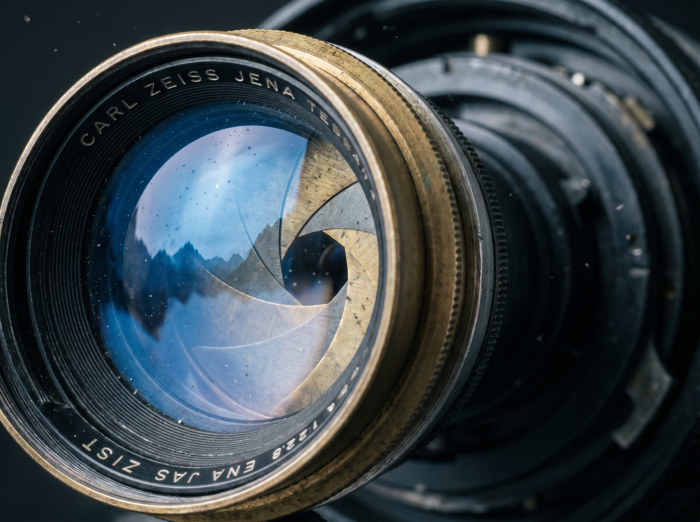 Close-up of a vintage camera lens, used to sync the camera's clock to the phone